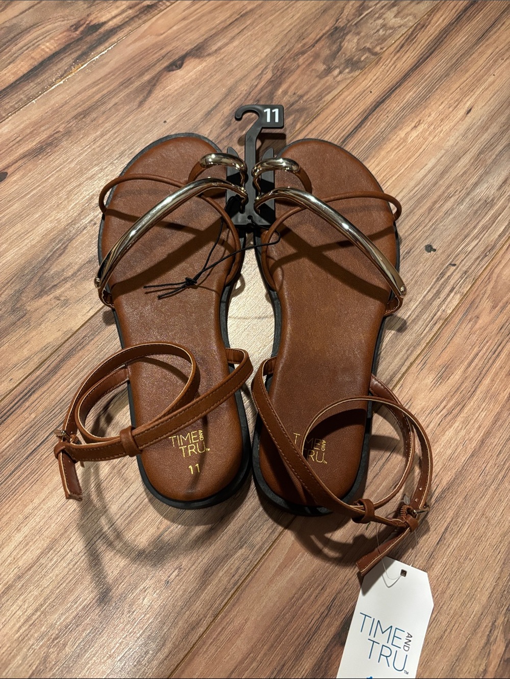 Time and Tru Brown Leather Strappy Sandals with Gold Accent